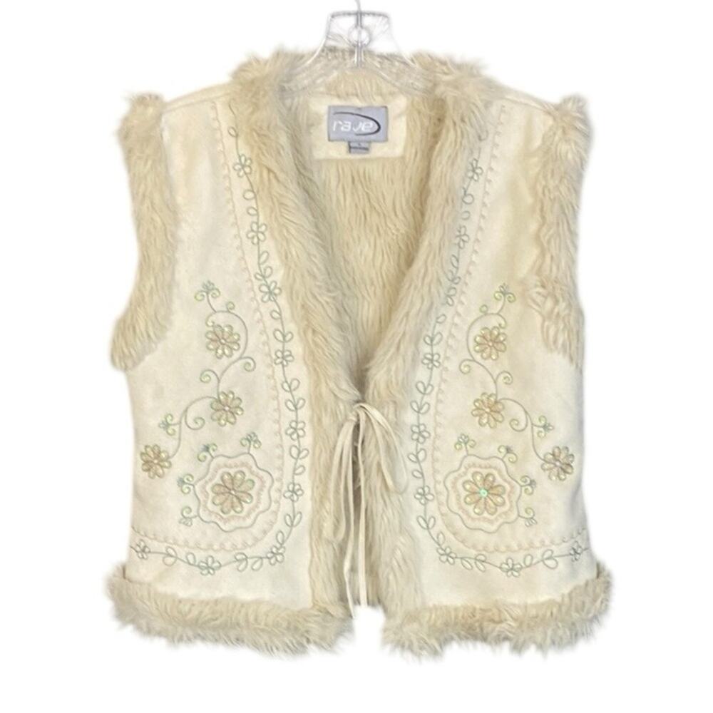 Vintage Rave Y2K Faux Suede and Shearling Embroidered Embellished Cream Vest XL - Picture 2 of 7